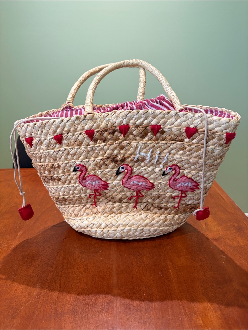 Straw Tote Bag with Pink Flamingo Embroidery